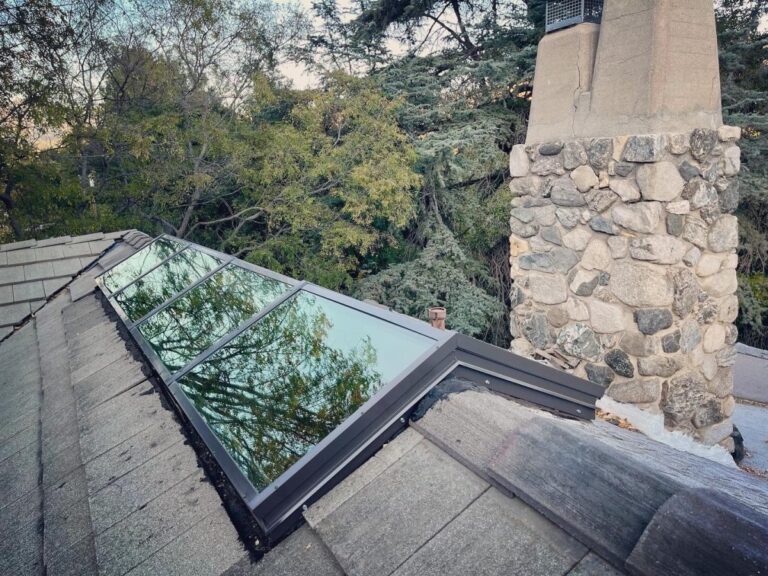 Flat Glass Skylight Clay Tile Roof Stone Chimney Altadena