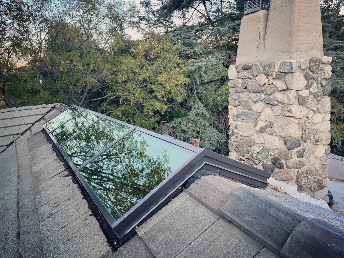 Flat Glass Skylight Clay Tile Roof Stone Chimney Altadena