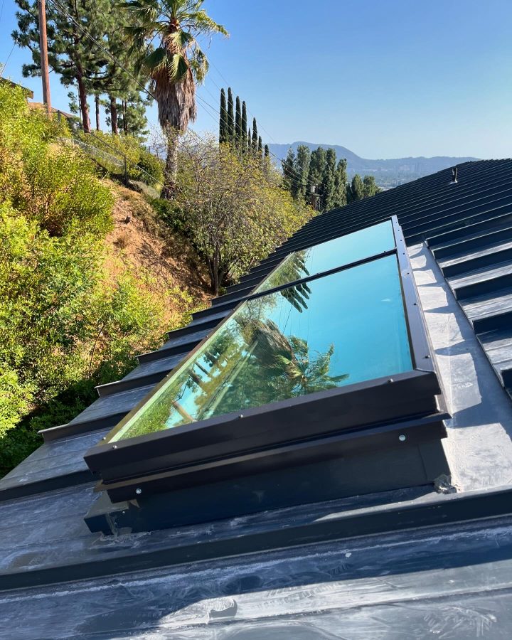 Flat Glass Skylight Dark Frame Hillside Property Los Feliz