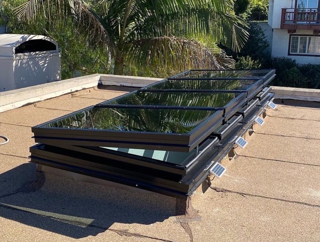 Flat Glass Skylight Exterior Dark Frame Palm Trees Santa Monica