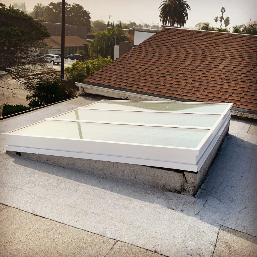 Flat Glass Skylight White Frame Flat Roof Adjacent Shingle Burbank