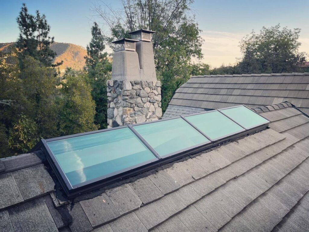 Flat Glass Skylights Hillside Composition Shingle Stone Chimney Pasadena