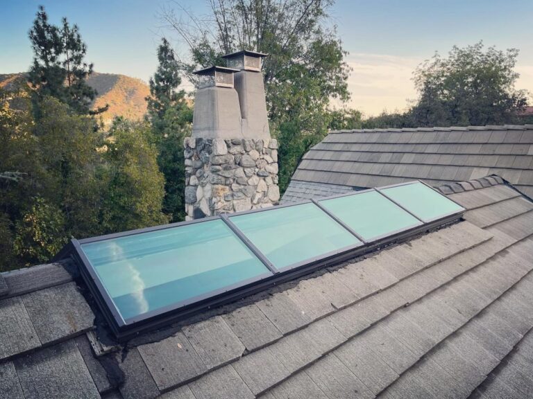 Flat Glass Skylights Hillside Composition Shingle Stone Chimney Pasadena